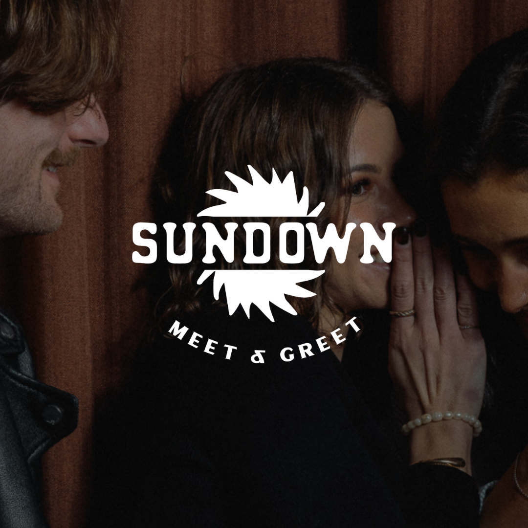 People at a Sundown Meet & Greet event, with the event logo overlaying the image.