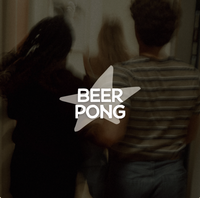 Blurred group of people in a hallway with a white star graphic overlay and the words BEER PONG, suggesting a beer pong event.