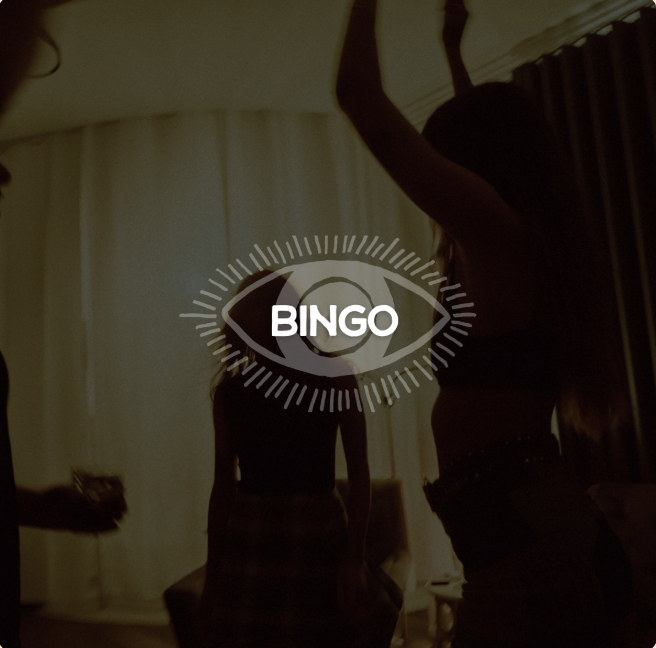 Dimly lit party scene with silhouettes dancing and a centered BINGO logo overlayed on the image.