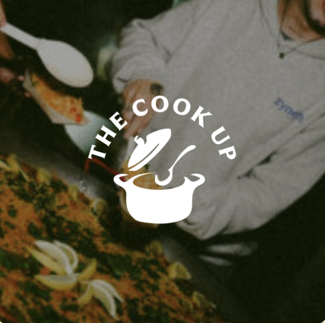 Brand logo for The Cook Up: a white pot with a tilted lid inside a circular ring, over a cooking background.
