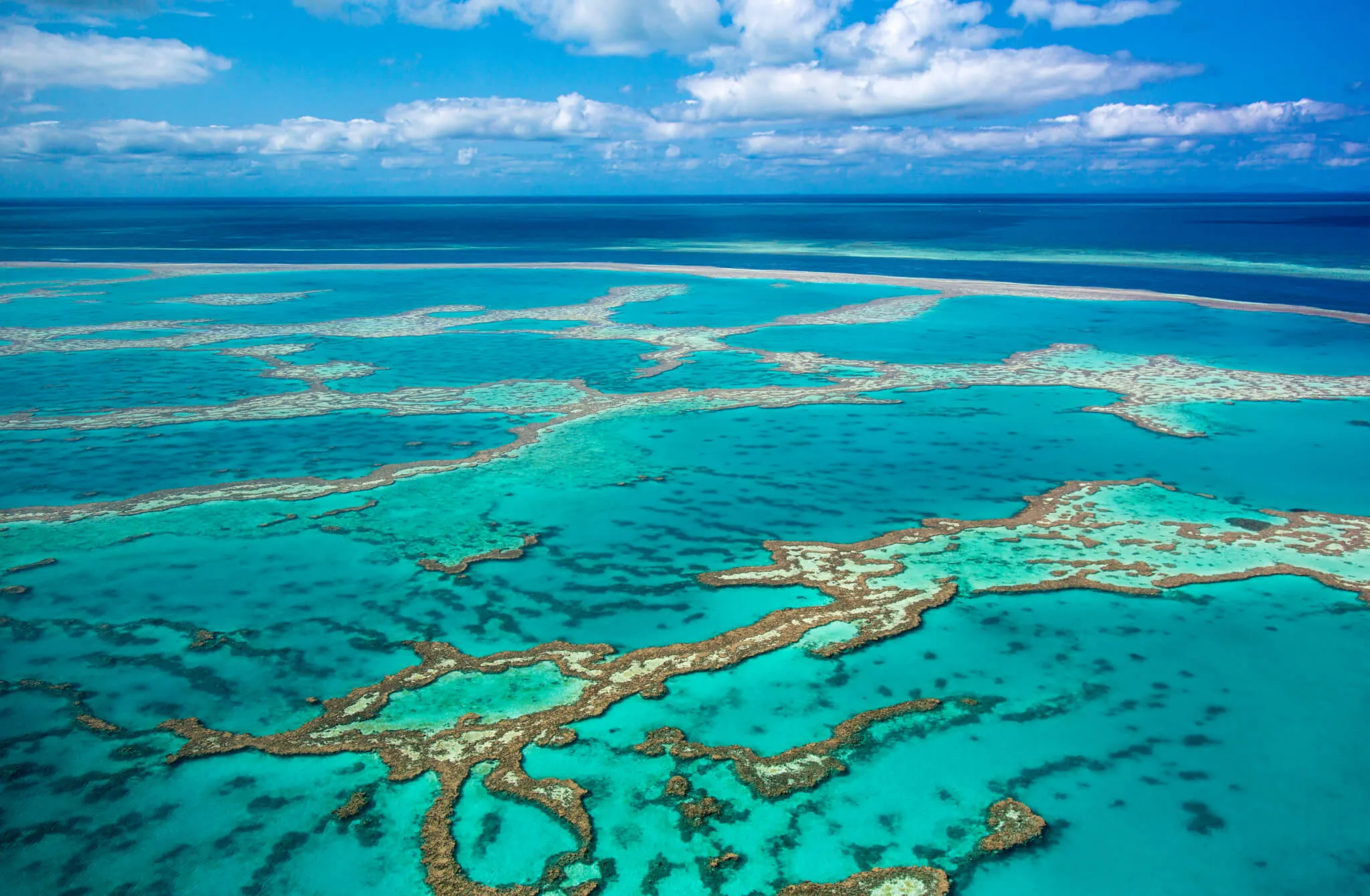 Aerial view of turquoise lagoon with white salt crust patterns extending toward the ocean under a blue sky.
