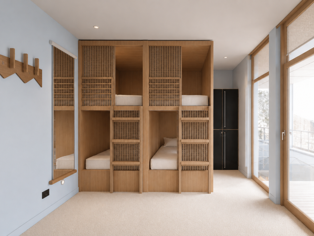 Row of modular wooden bunk alcoves with lattice panels and ladders in a light-blue room.