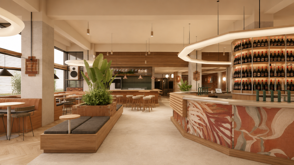 Open, modern cafe interior with a long wooden bar, high stools, and a large curved liquor display on the right; warm lighting and tropical plants.
