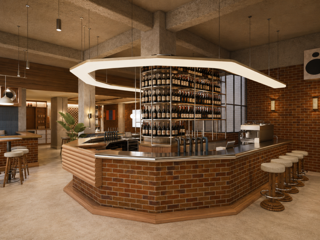 Contemporary bar with an octagonal brick counter and a tall circular rack of wine bottles at the center, surrounded by wooden stools and warm lighting.