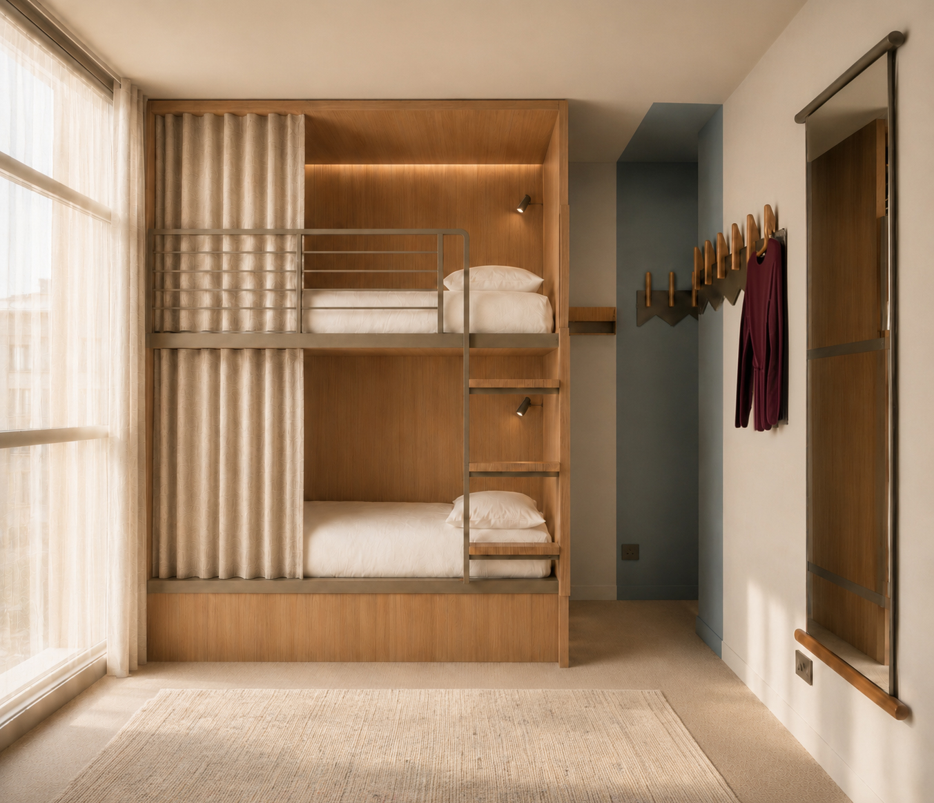 Wooden bunk bed with two single beds, built-in stairs, warm lighting, and beige curtains in a compact bedroom.