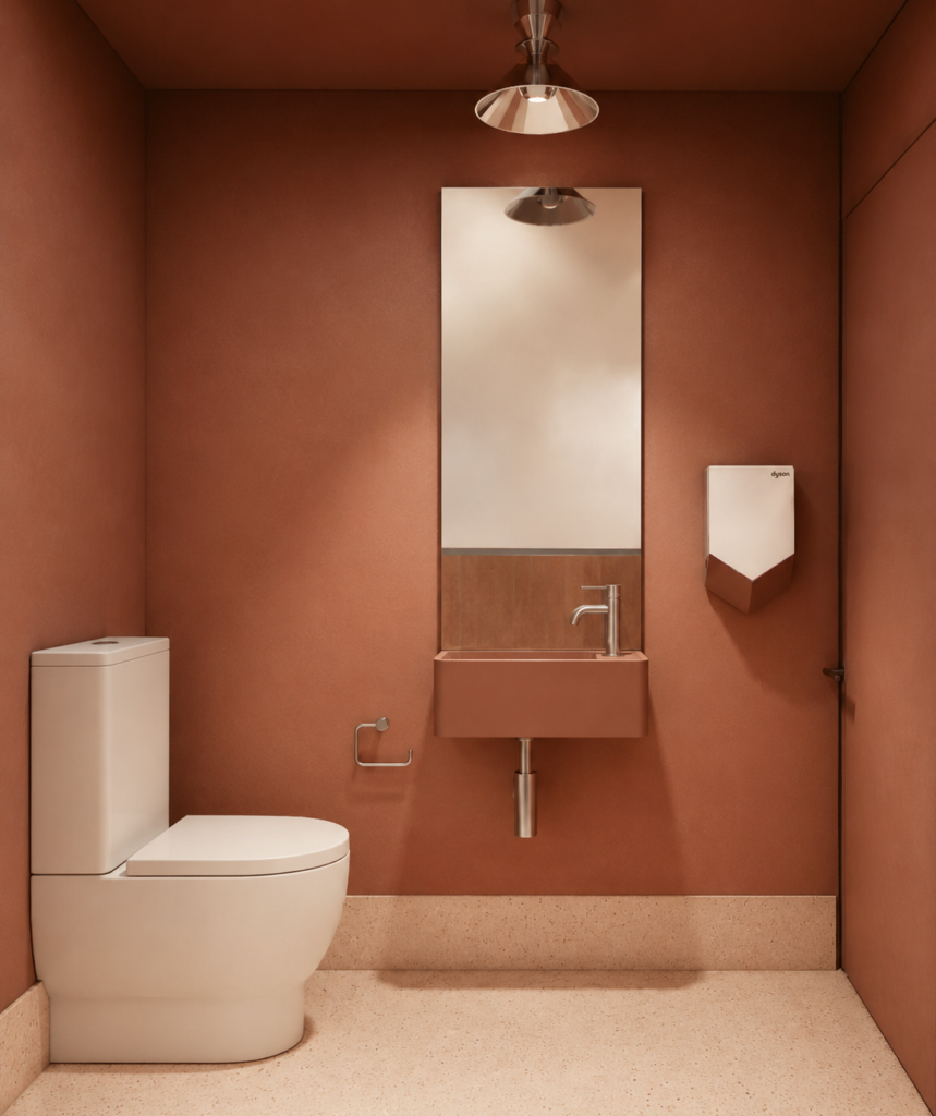 Small pink bathroom with a white toilet, pink wall-mounted sink and chrome faucet, a tall mirror, and a Dyson hand dryer on the wall.