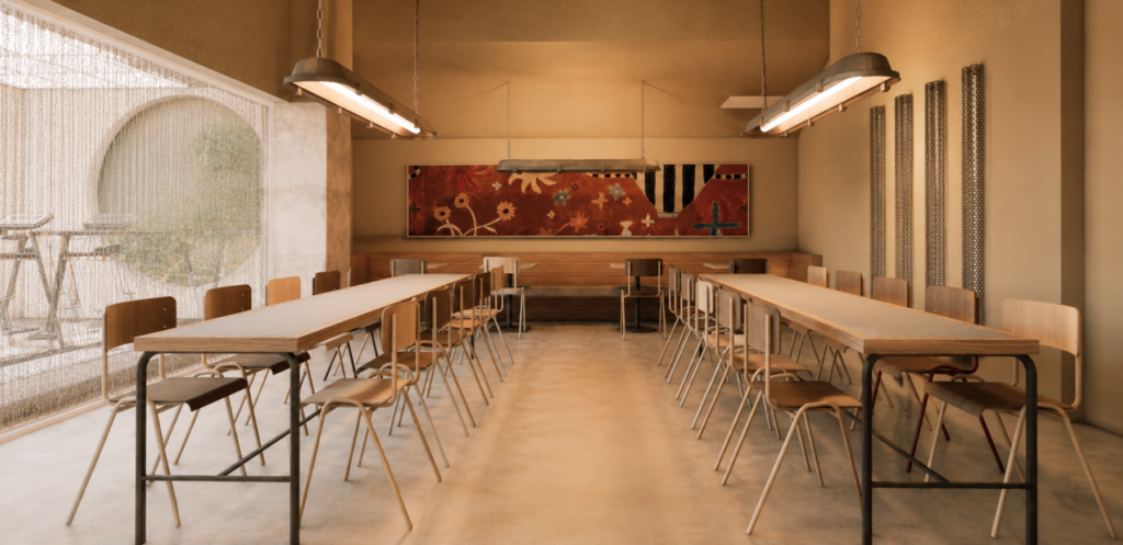 Interior of a warm-toned dining hall with two long wooden tables and rows of chairs, a large abstract mural on the far wall, and pendant lights overhead.