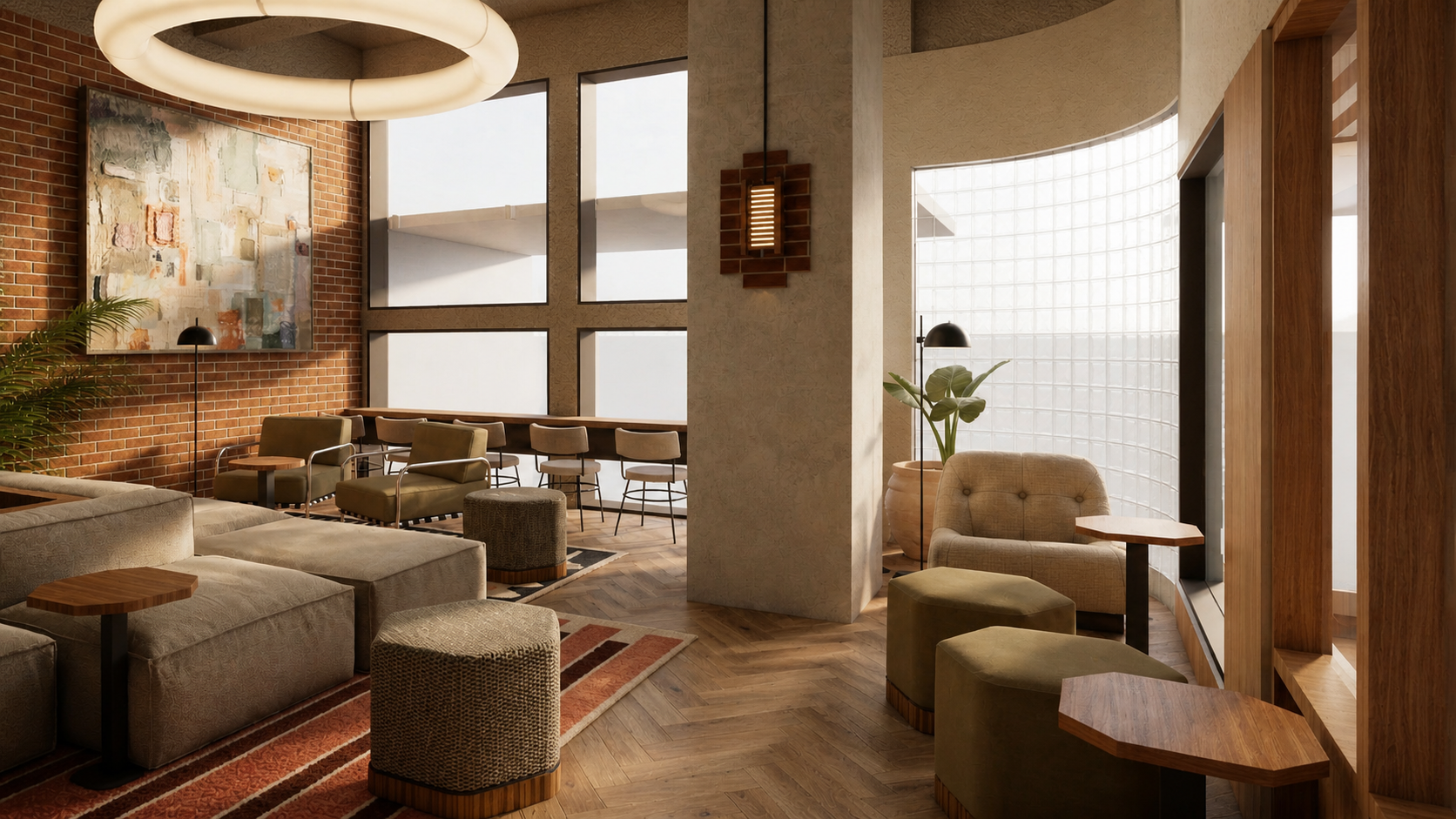 Spacious modern lounge with a brick accent wall, abstract painting, and a large circular ceiling light; beige sofas, ottomans, and wooden tables create a warm seating area.