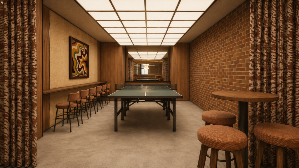 Vintage game room with a ping-pong table centered, brown brick walls, and a row of bar stools along the left wall under warm panel lighting.