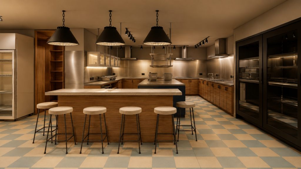 Industrial kitchen scene with a central island and six beige-stooled seating, warm pendant lighting overhead.