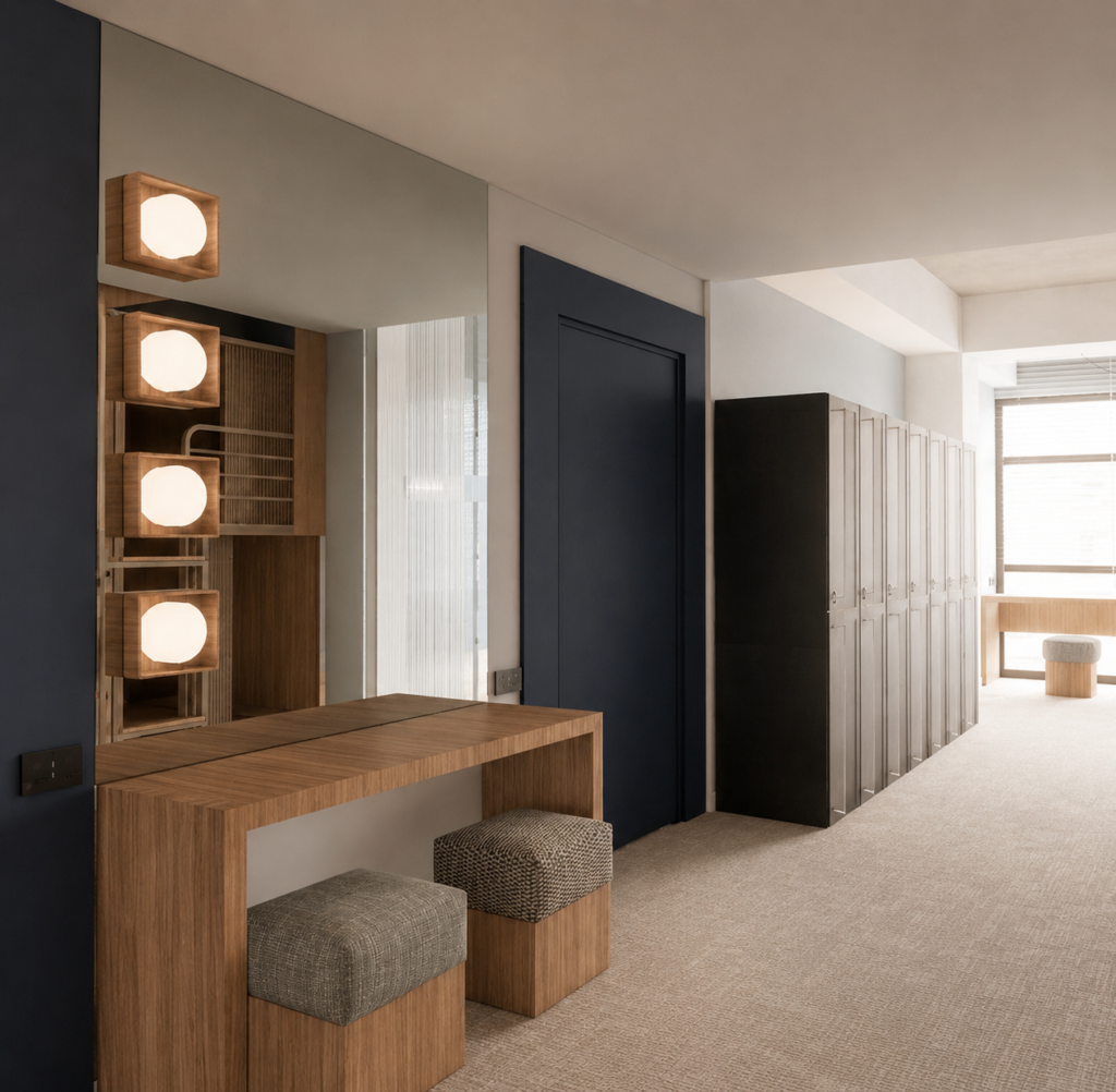 Modern dressing room with a wooden vanity, large mirror, and round globe lights beside dark blue doors and row of lockers near a window.