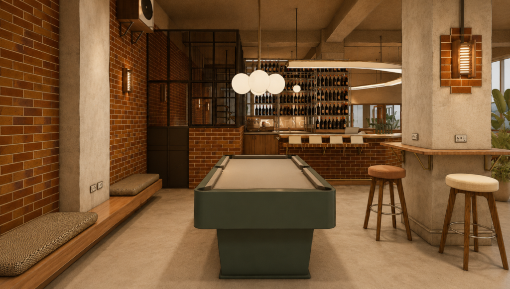 Bar lounge with a dark green pool table, brick walls, and bottle shelves behind a wooden bar with stools.