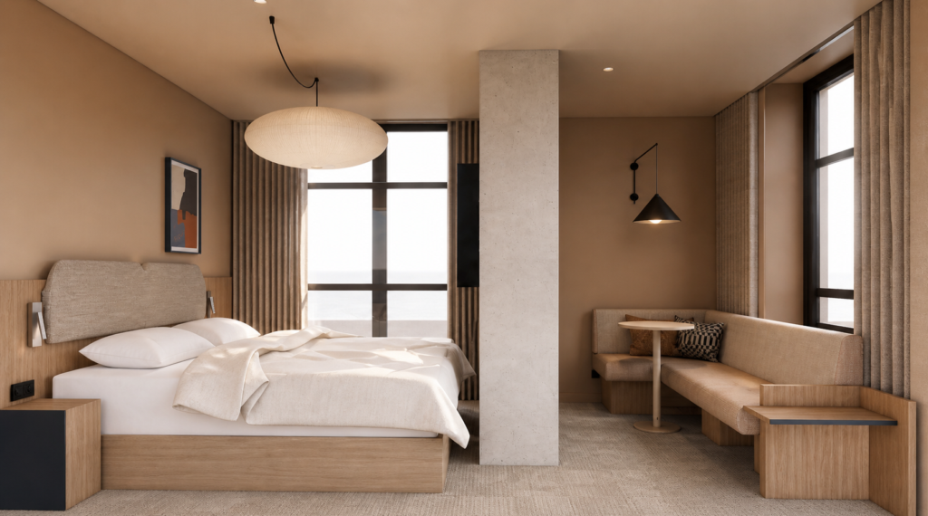 Modern hotel room with a large bed on the left, beige headboard, and neutral bedding; a tall window with curtains in the center; a concrete column divides the space. A seating nook with a round table and bench is on the right.