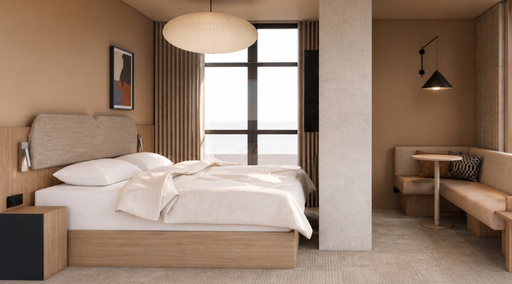 King bed in a warm beige hotel room with a light wood headboard, nightstands, and a seating nook by a large window.