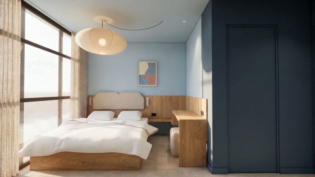 Hotel room with a low wooden bed frame, light bedding, and a blue accent wall featuring a framed abstract painting.