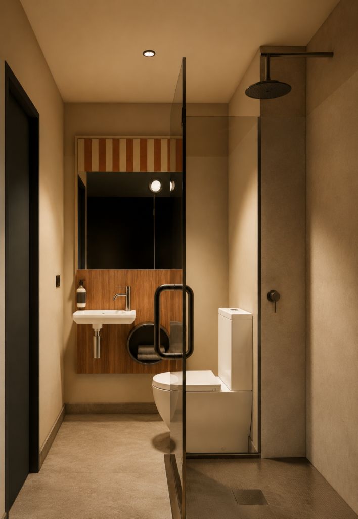 Modern bathroom with glass shower enclosure, wall-mounted sink, and a large black grab bar beside a white toilet, warm lighting, and wood-accent wall paneling.
