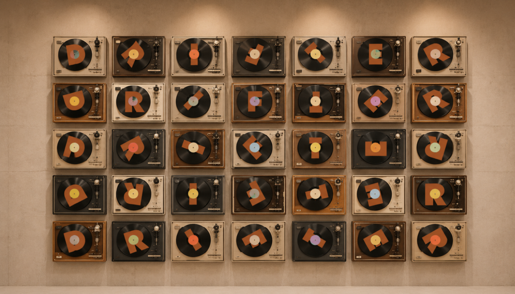 Grid of 30 vintage turntables mounted on a beige wall forming a wall installation. Each turntable has a colored shape on the record.