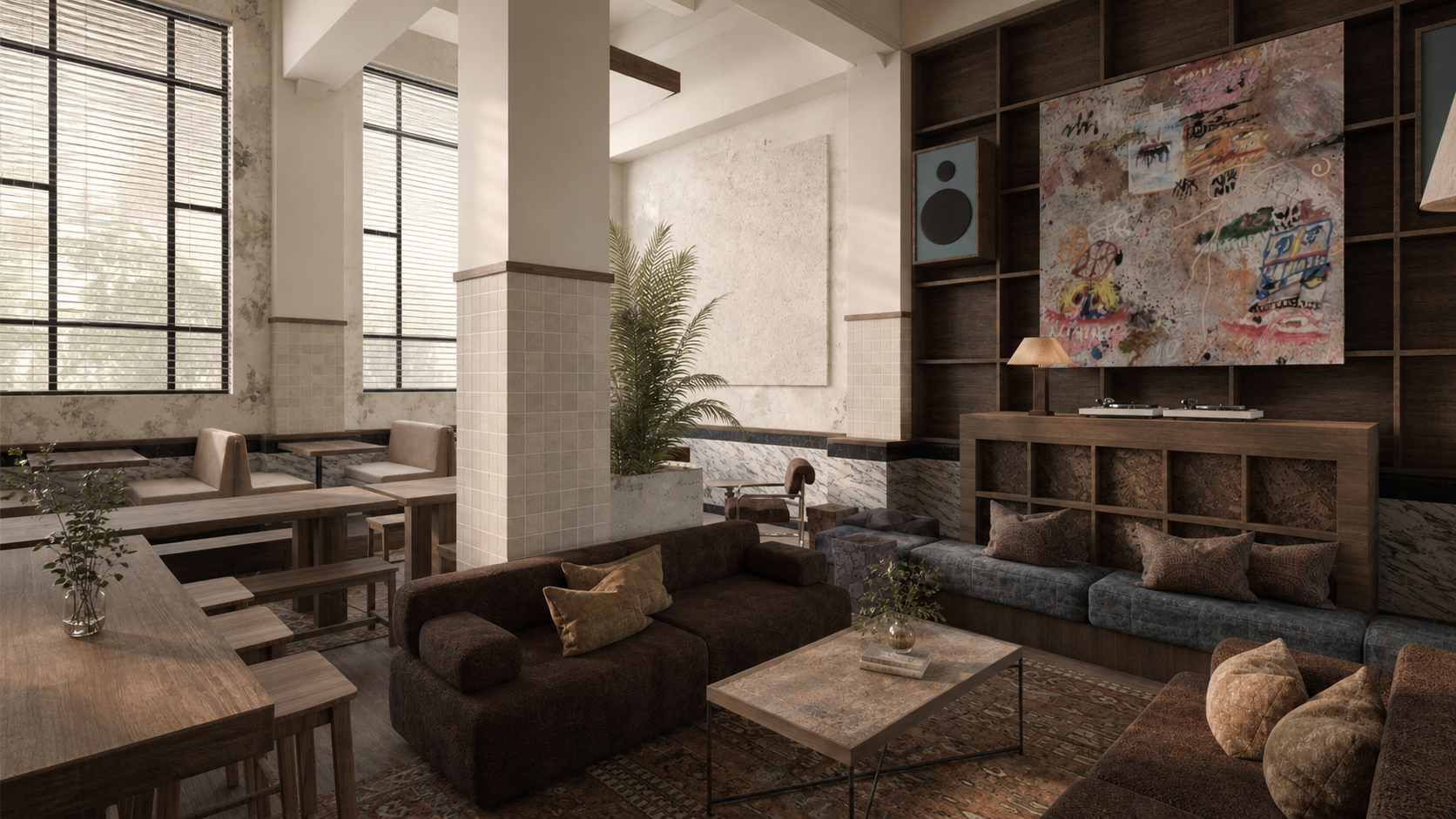 Contemporary lounge with brown sofas, wooden tables, tall industrial windows, and a large abstract mural on a dark wood wall.