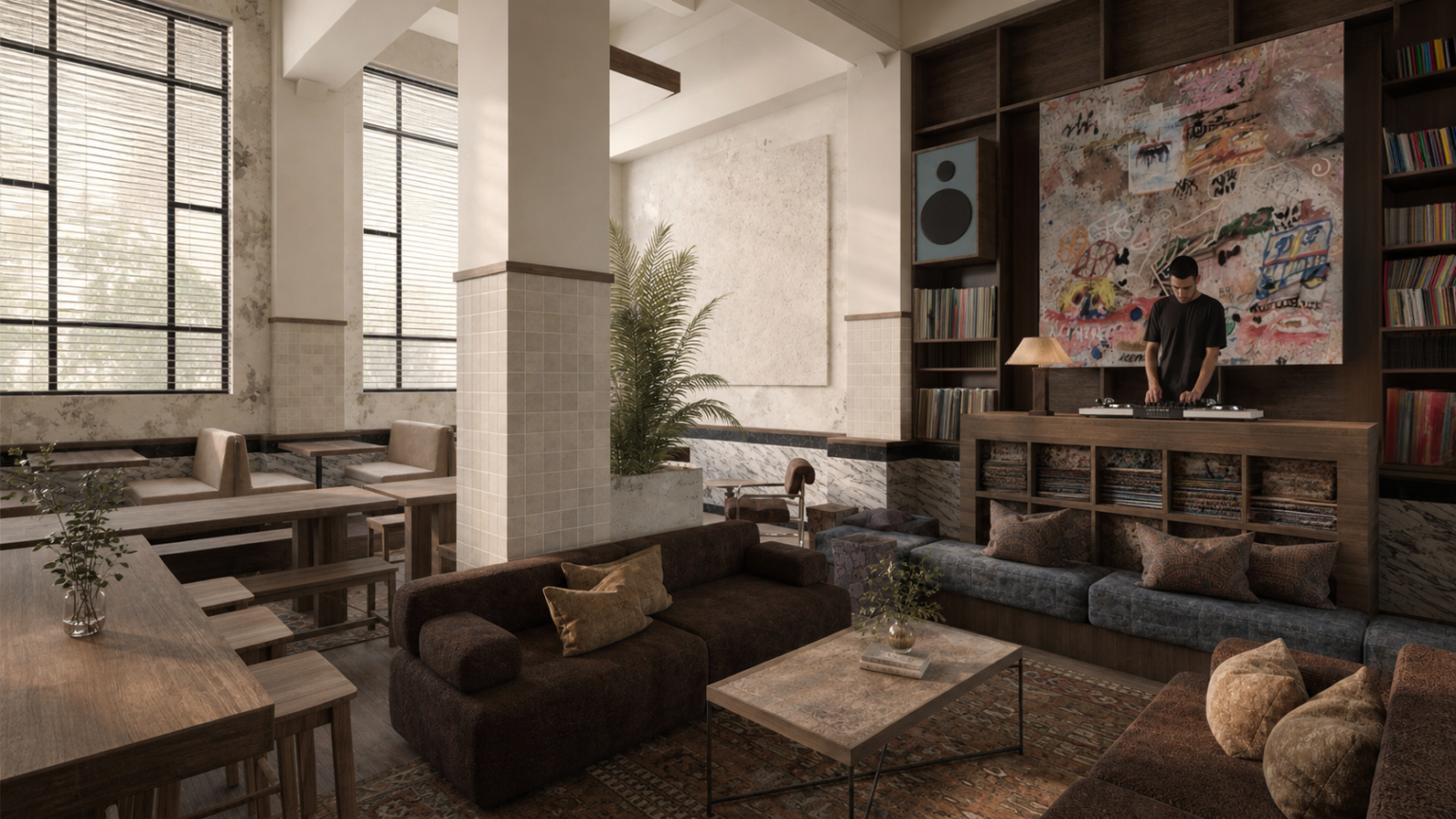 DJ spinning at a wooden bar in a cozy retro-lounge with brown sofas, marble coffee table and large windows behind