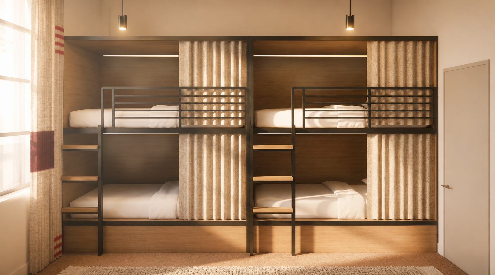 Twin bunk bed units in a dorm room: each side has an upper and lower bed with ladders, beige curtains, and warm lighting.