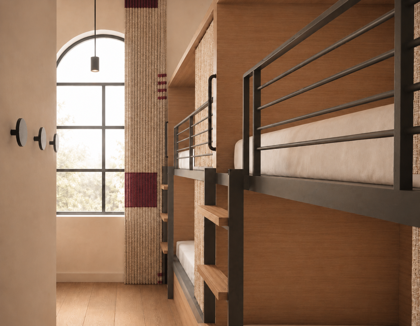 Modern dorm-style bunk beds with black metal frames and wooden panels, in a sunlit room with an arched window nearby.