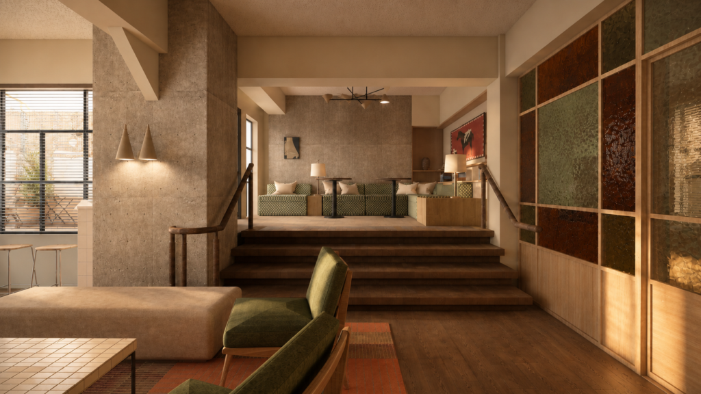 Warm, retro-style hotel lobby with green patterned sofas, wooden stairs, and muted lighting; large glass-block wall on the right and a seating area at the far end.