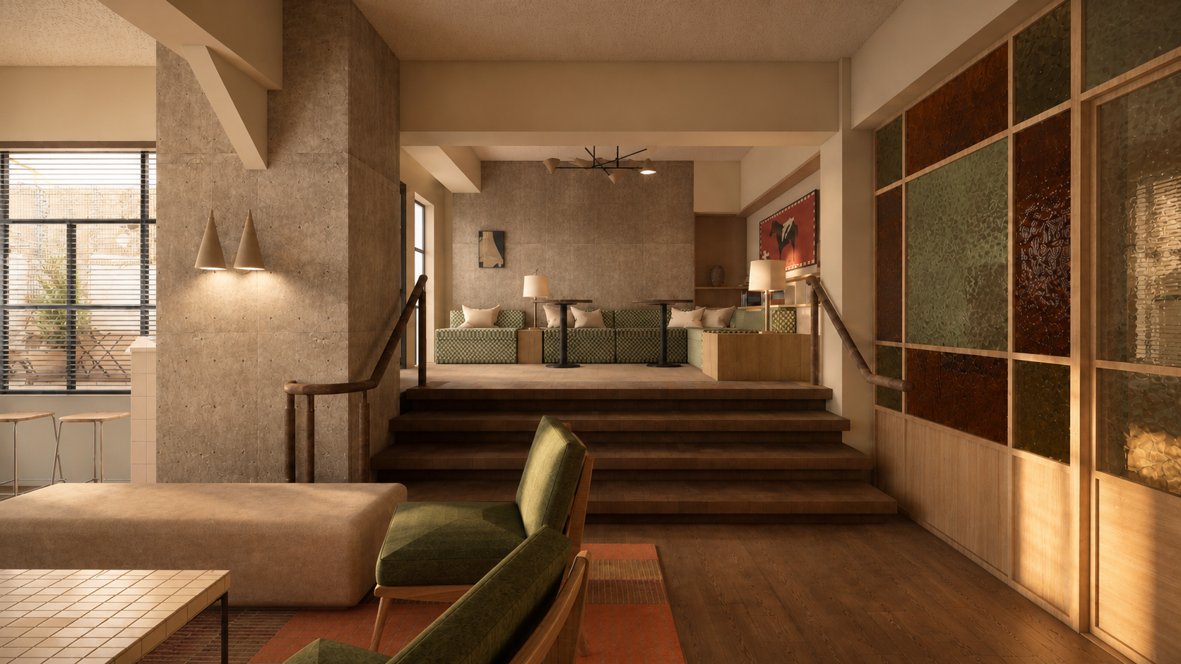 Midcentury lobby with green upholstered sofas on a raised platform, warm lighting and textured concrete walls.