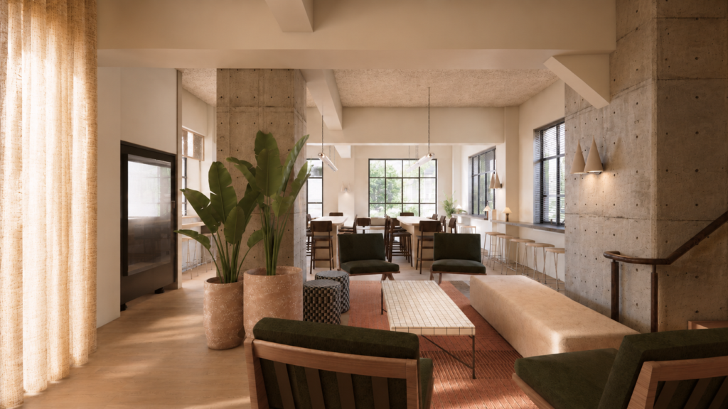 Open-plan lounge with green upholstered chairs, wooden tables, tall plants in ceramic pots, and large windows letting in warm light.
