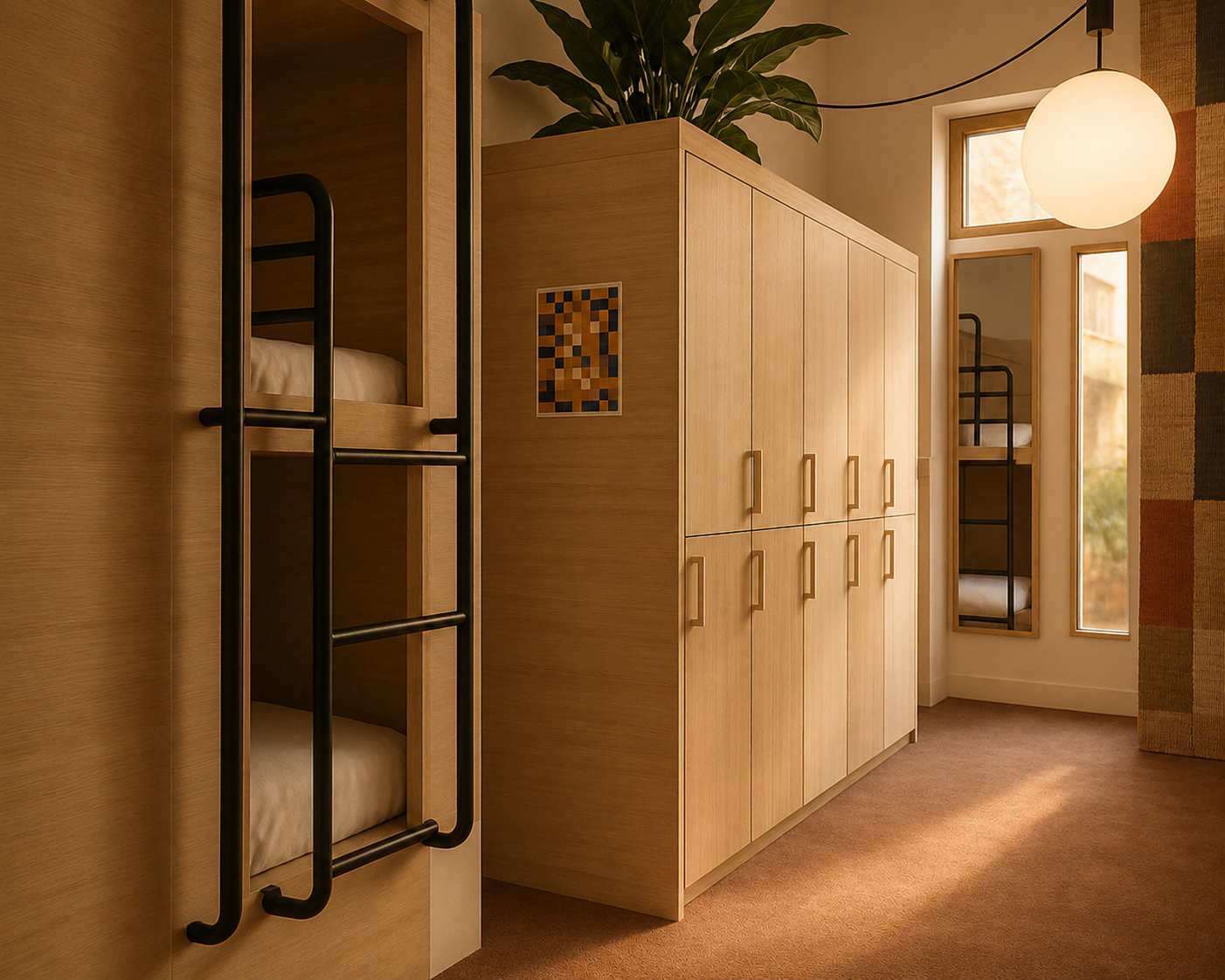 Dorm room with bunks on the left and a row of tall light-wood lockers along the wall, warm lighting and a round pendant light overhead.