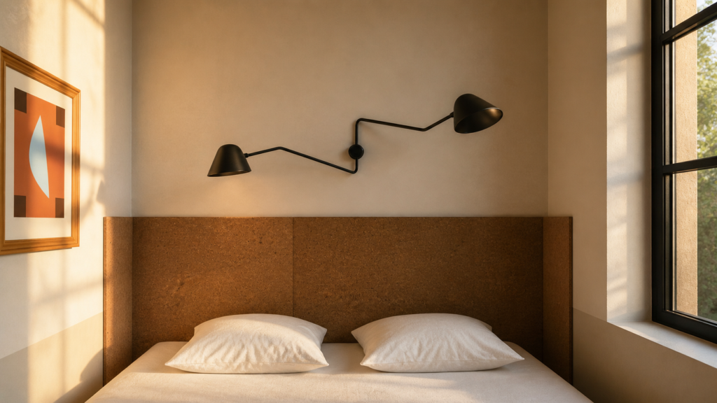 Modern bedroom with a cork headboard, two pillows, and a black adjustable wall lamp above the bed in warm sunlight.”],