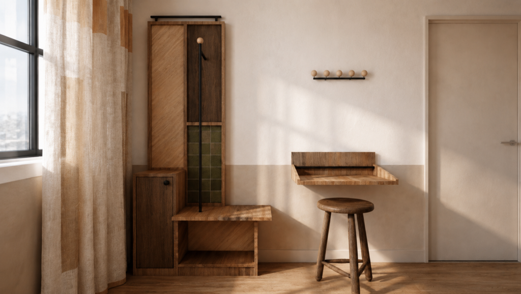 Wooden storage and seating area: tall cabinet with cubby, bench, coat rack, small desk and a stool in a sunlit beige room.