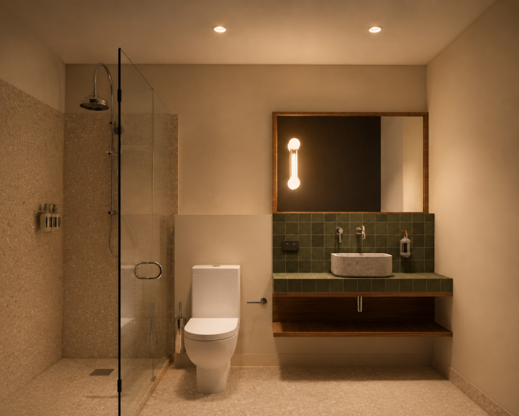 Modern bathroom with a glass-enclosed shower, pebble-tile walls, and a floating wooden shelf beneath a green-tiled vanity with a stone sink, framed mirror above.