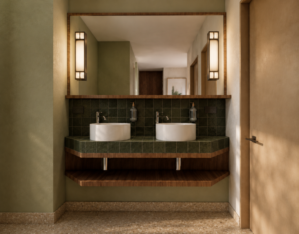 Twin white vessel sinks on a green tile countertop with a wooden shelf and large wall mirror, flanked by warm rectangular sconces.