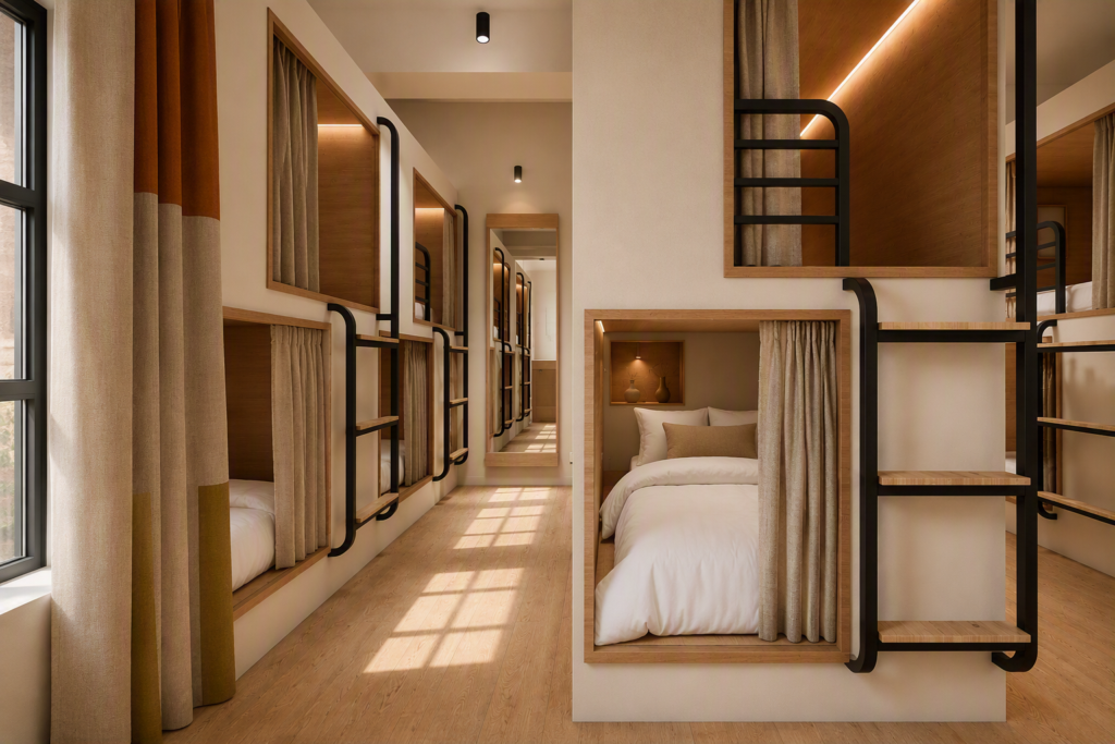 Modern capsule dorm with wall-mounted bunk beds, wooden frames and warm beige curtains along a sunlit corridor.
