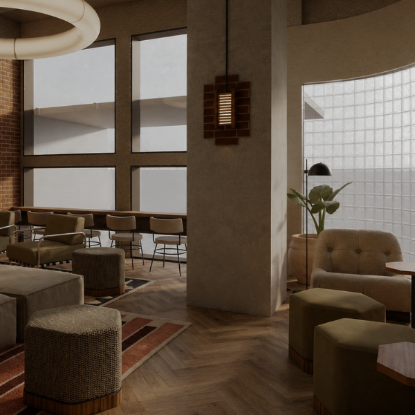 Modern lounge area with beige seating, ottomans, and wooden flooring under warm lighting; large windows and a potted plant create a cozy, contemporary space.