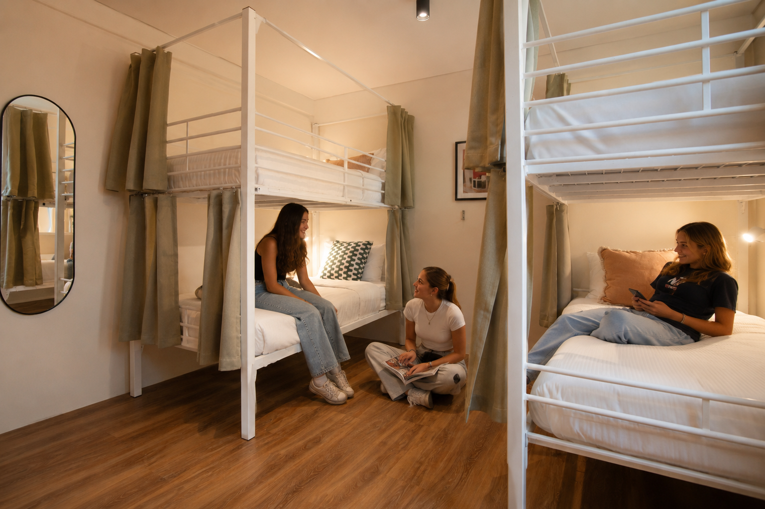Dorm room with white metal bunk beds; three women socialize—one sits on a lower bunk, another on the floor with a magazine, the third lounges on a bed using a phone.