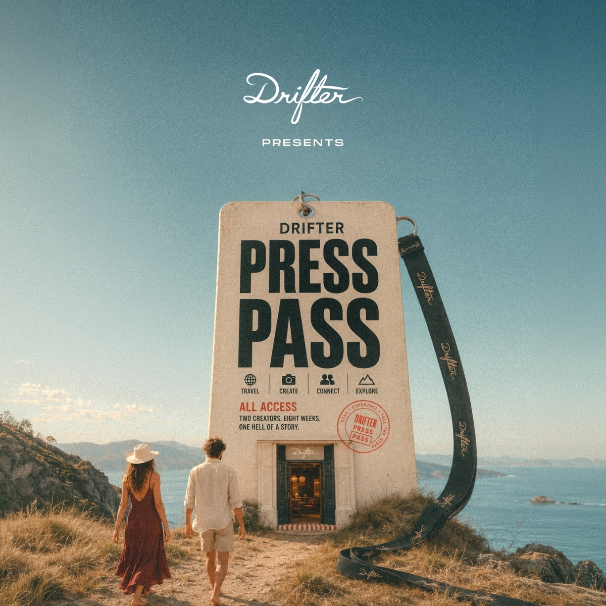 A giant press pass sign on a seaside building as a couple walks toward it under a clear sky. Drifter branding appears above the pass.