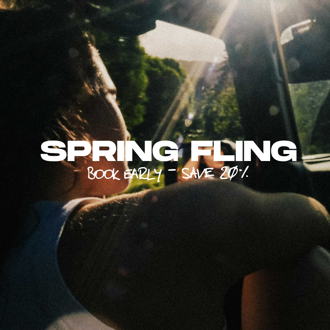 Spring Fling promotional banner: 'Book Early - Save 20%' over a sunlit car interior.