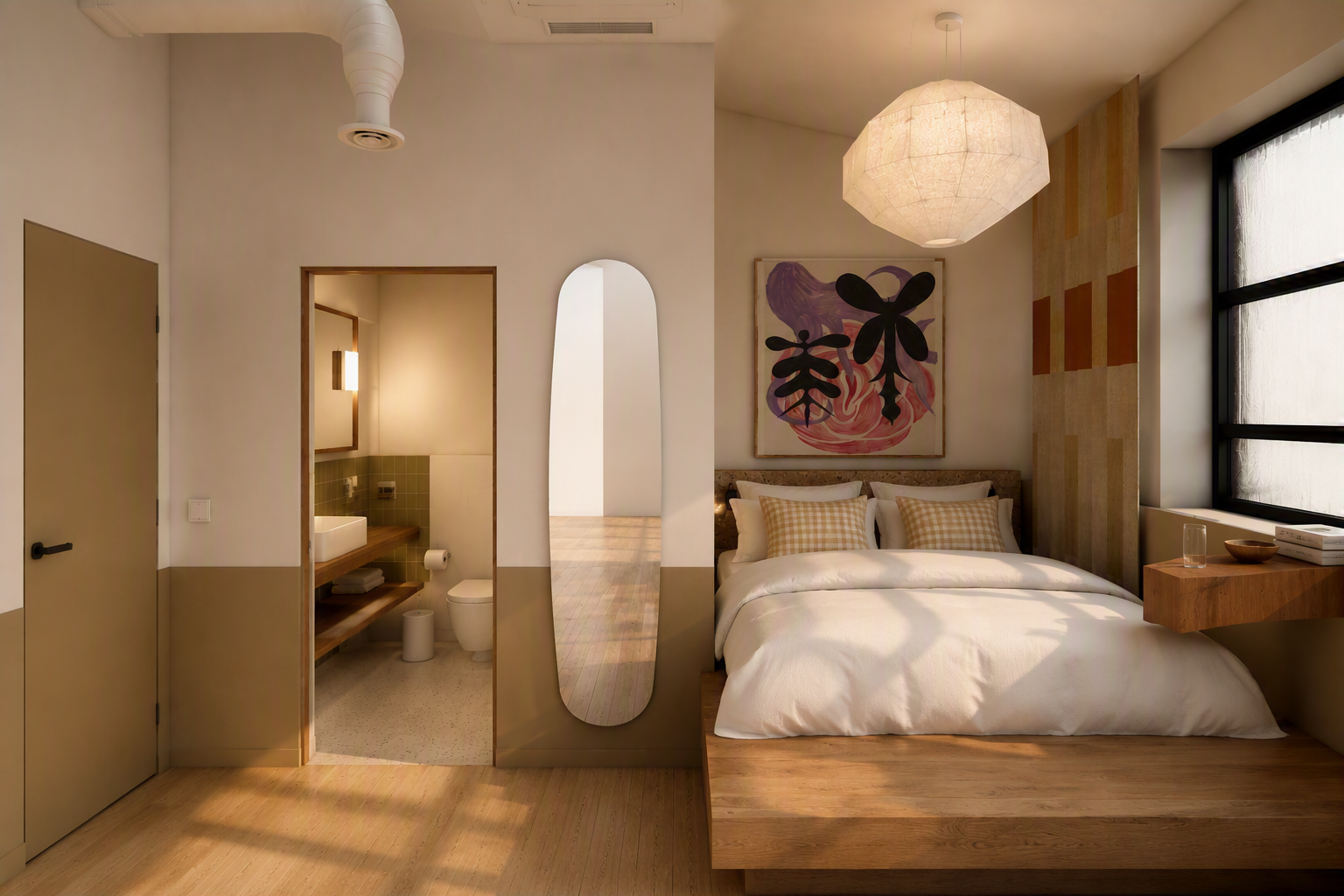 Hotel room with a white-duvet bed, arched full-length mirror, and adjacent en-suite bathroom visible to the left.