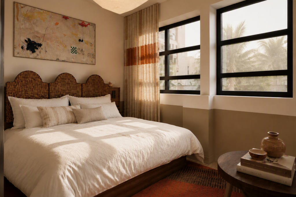A cozy bedroom with a white quilted bed, woven headboard, and decorative pillows, bathed in warm light.