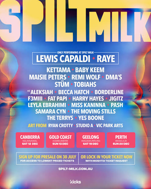 Colorful festival poster for Spilt Milk featuring the bold title and a long artist lineup list (Lewis Capaldi, Raye, and more). Includes sign-up/booking info and website below.