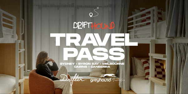 Dorm room with bunk beds and a person sitting on a chair, overlaid with 'TRAVEL PASS' and location list, Drift Hound branding.
