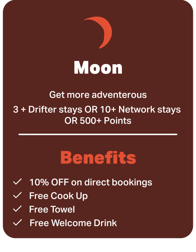 Dark brown promotional card with an orange crescent moon icon, a bold 'Moon' title, the subtitle 'Get more adventurous', a 'Benefits' section, and checkmark bullet items on the list.