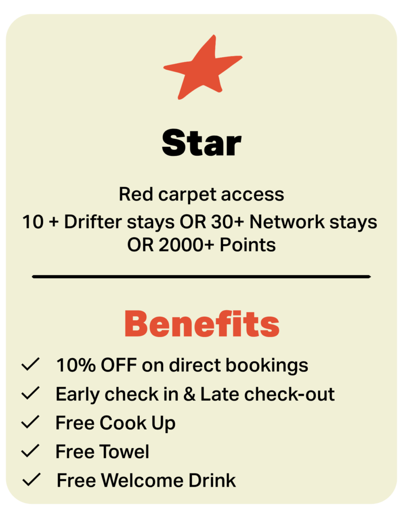 Gold/beige card with an orange star and bold headings: Star, Red carpet access, benefits list and checkmarks outlining perks.