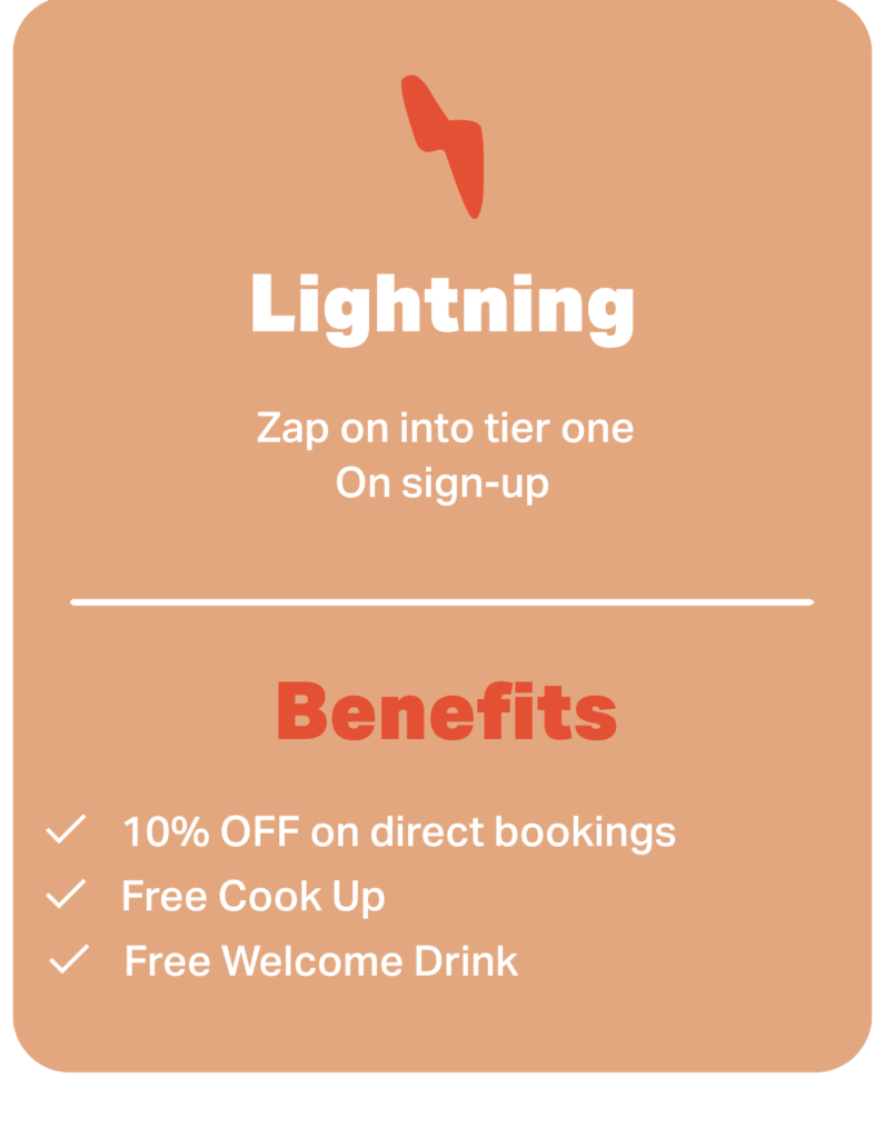 Orange rounded poster promoting Lightning with a red lightning mark, large white 'Lightning' title, 'Zap on into tier one On sign-up', a white divider, red 'Benefits', and a check-marked list of offers (e.g., 10% OFF on direct bookings, Free Cook Up, Free Welcome Drink).