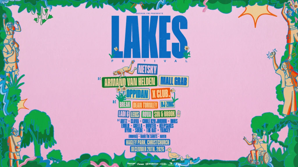 Festival poster for LAKES Festival with pink background and jungle border; lists lineup names and date: Dec 28, 2026, Hagley Park, Christchurch.