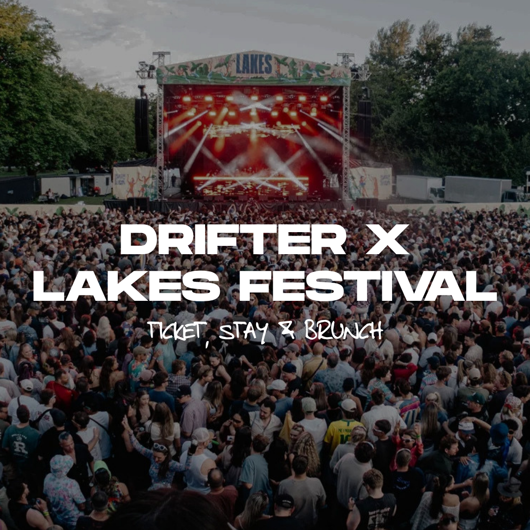 Large crowd at an outdoor Lakes Festival concert; big stage with colorful lights and bold white overlay text reading 'DRIFTER X LAKES FESTIVAL' and 'TICKET STAY & BRUNCH'.